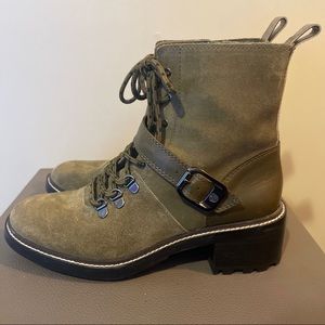 New Vince Camuto Leather Suede Lace-Up Boots Kainder Utility Green 8 1/2